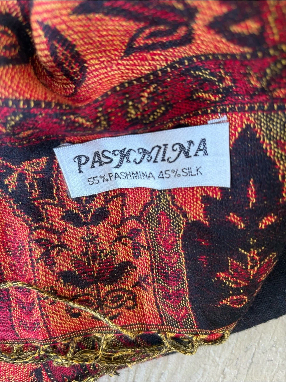 NWOT PASHMINA Red & Black Silk/Pashmina Blend Paisley Wrap Scarf, Size: 72” x 26